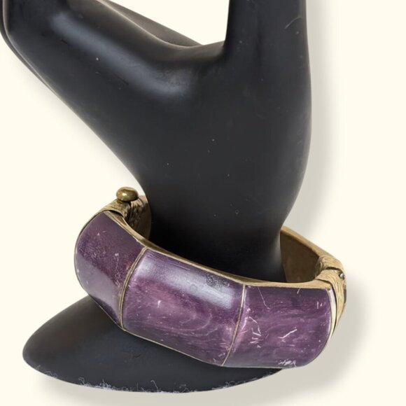 V. Purple Brass & Bone Locking Hinge Bracelet - Picture 2 of 8